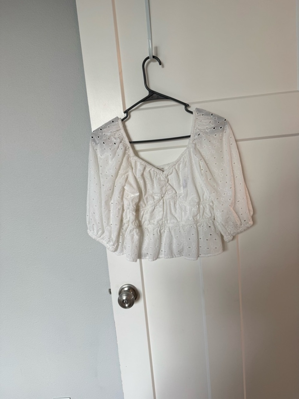a new day White Eyelet Puff-Sleeve Peplum Crop Top